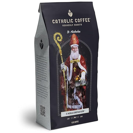 Catholic Coffee St. Nicholas Christmas Blend | Medium Roast Ground Coffee ??Roasted Chestnut & Dark Chocolate Notes | 12oz Bag ??Festive Catholic Gift for the Holiday Season