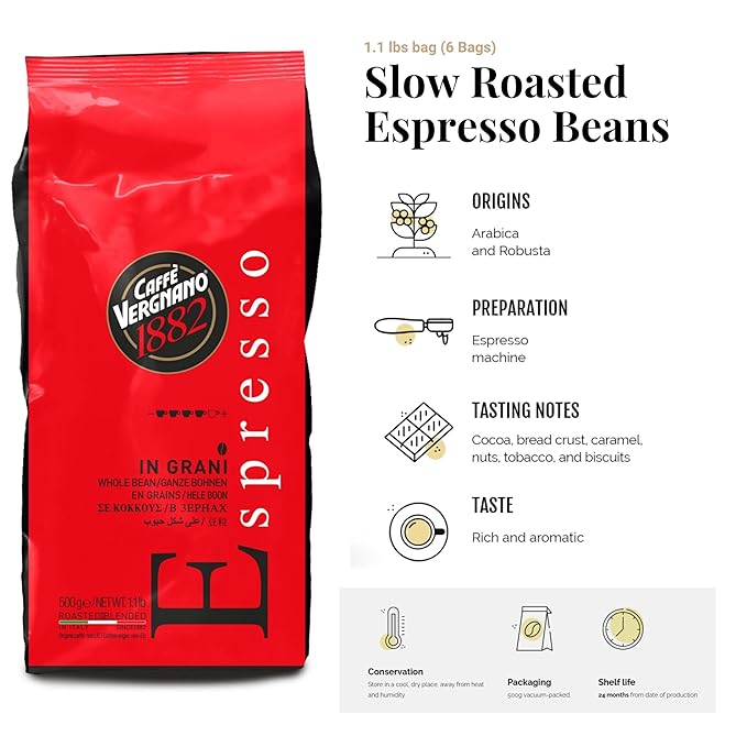 Caffe Vergnano 1882 Espresso Whole Bean Arabica Roast Coffee, 1.1 lb bag - Italian Medium Roast Coffee Beans with notes of Chocolate, Nuts & Caramel, Intensity 7/10-500g Bag (6 Pack)