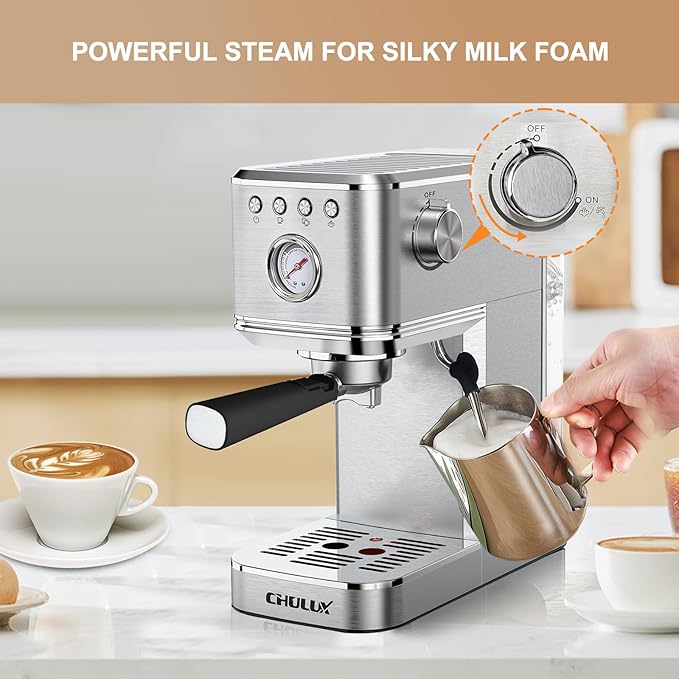 CHULUX Kom-Pro Espresso Machine 20 Bar, Semi Automatic Stainless Steel Coffee Machine for Home Latte Cappuccino Espresso Maker, Powerful Milk Frother Steam Wand