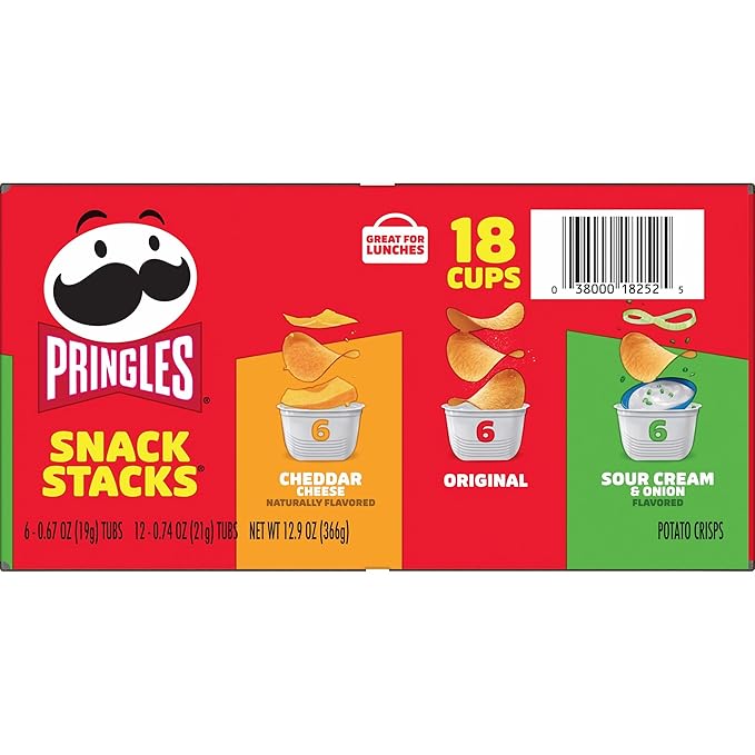 Pringles Potato Crisps Chips, Lunch Snacks, Office and Kids Snacks, Snack Packs, Variety Pack, 12.9oz Box (18 Cups)