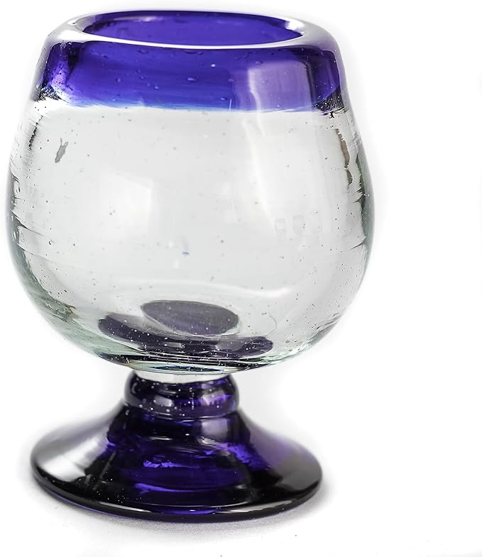 Authentic Mexican Tequila Hand Blown Shot Glasses - Set of 4-2 oz - Mini Glass Snifters - Heavy Base - Cognac (Cobalt Blue Rim)