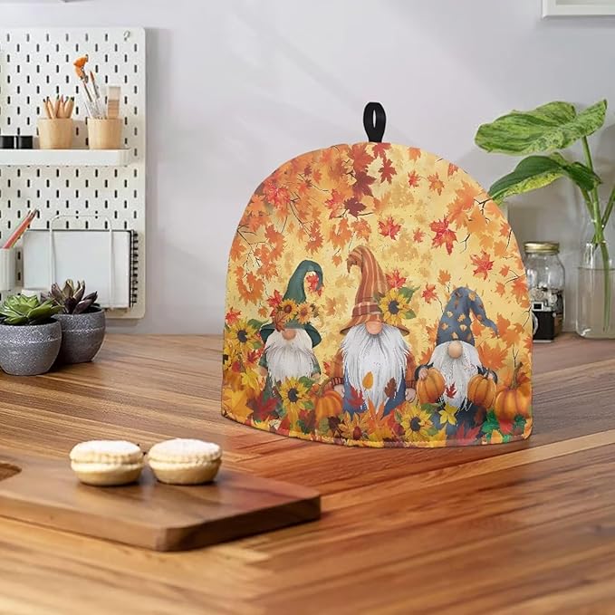 Gnome Pumpkins Tea Pot Cover for Halloween Day Reusable Teapot Cozy Keeping Warm,Dust Proof Maple Leaves Teapot Dust Protector for Kitchen Decorative