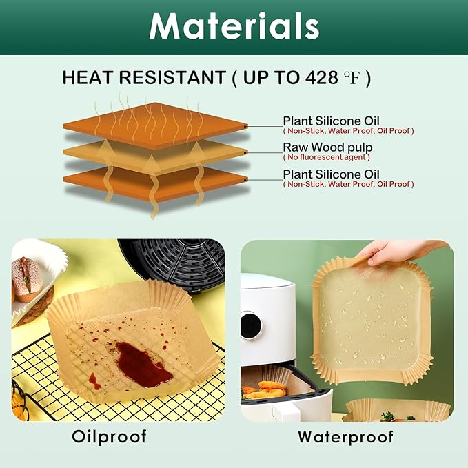 Air Fryer Paper Liners, 200pcs Air Fryer Liners Disposable, 8" Square Baking Liner for 5-8 qt Airfryer Basket, Non-stick and Oil Proof Parchment Paper for Oven, Pans & Baking