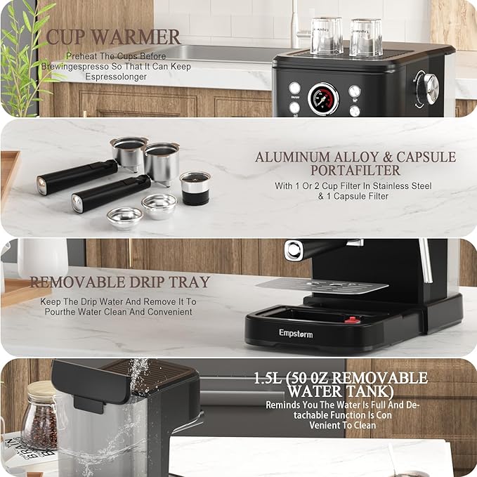 Espresso Machine Latte Coffee Makers 20 Bar, 2 IN 1 Professional Cappuccino Machine and Milk Frother Steam Wand Compatible for NS Original Capsules for Home Brewing - Black