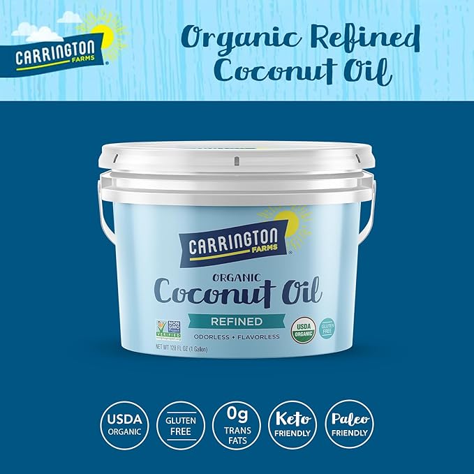 Carrington Farms Organic Refined Coconut Oil, 1 Gallon, Cold-Pressed, Non-GMO, Gluten-Free, Perfect for Cooking, Baking, Skin Care, Hair Oil, MCTs, 128 fl oz ??Nutrient-Rich, No Trans Fats