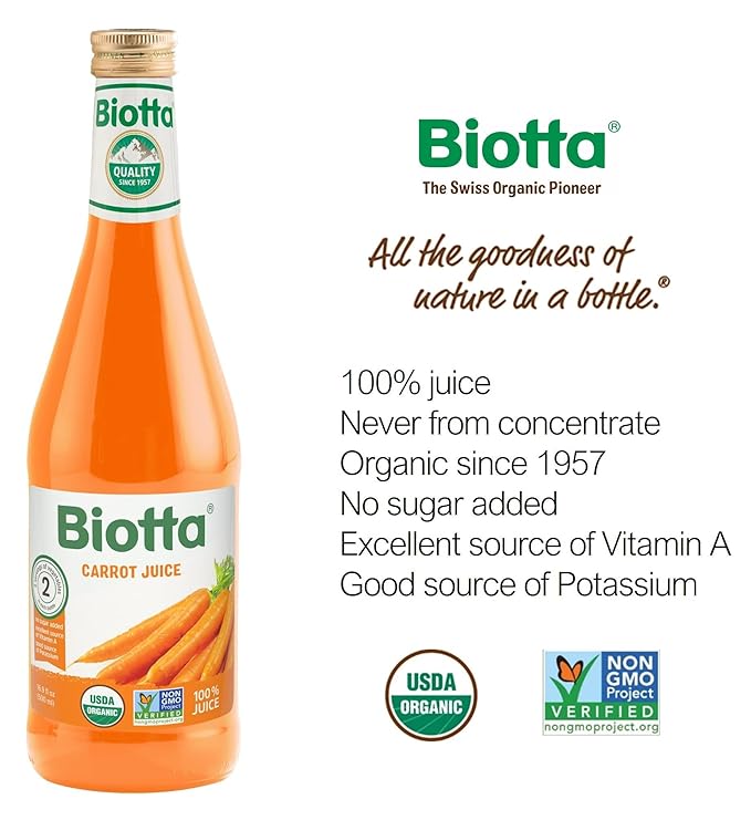 Biotta Organic Carrot Juice - 100% Vegetable Juice for Energy, Immunity & Wellness - Excellent Source of Nutrients - All Natural, Non-GMO, Gluten-Free (16.9 Fl Oz, Pack of 6)