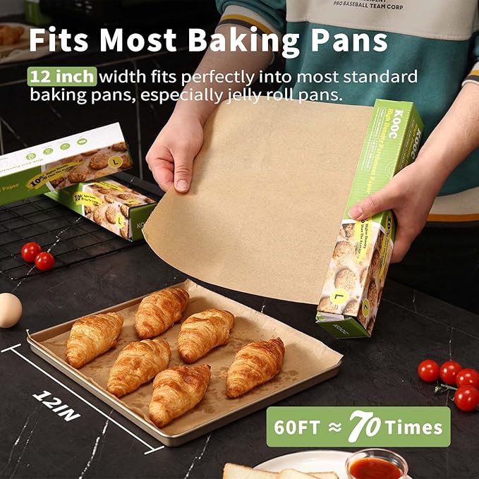 KOOC Premium 60-Feet Parchment Paper Roll - 12-Inch Width, Non-Stick, Unbleached Baking Paper - Ideal for Baking, Cooking, and Food Preparation - 60 Square Feet Coverage - Compostable, High Density