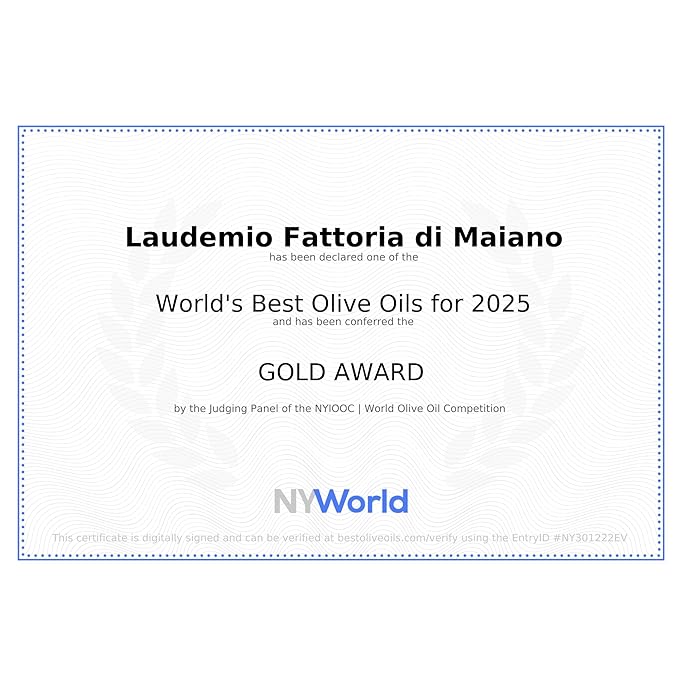 Sanniti Laudemio Organic Extra Virgin Olive Oil Fattoria di Maiano, Gold Award Winner at NYIOOC World Olive Oil Competition, 16.9 oz