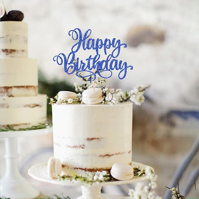 1 PCS Happy Birthday Cake Topper Glitter Happy Birthday Cake Pick Bunting Decor for Anniversary Celebrating Happy Birthday Party Cake Decorations Supplies Blue