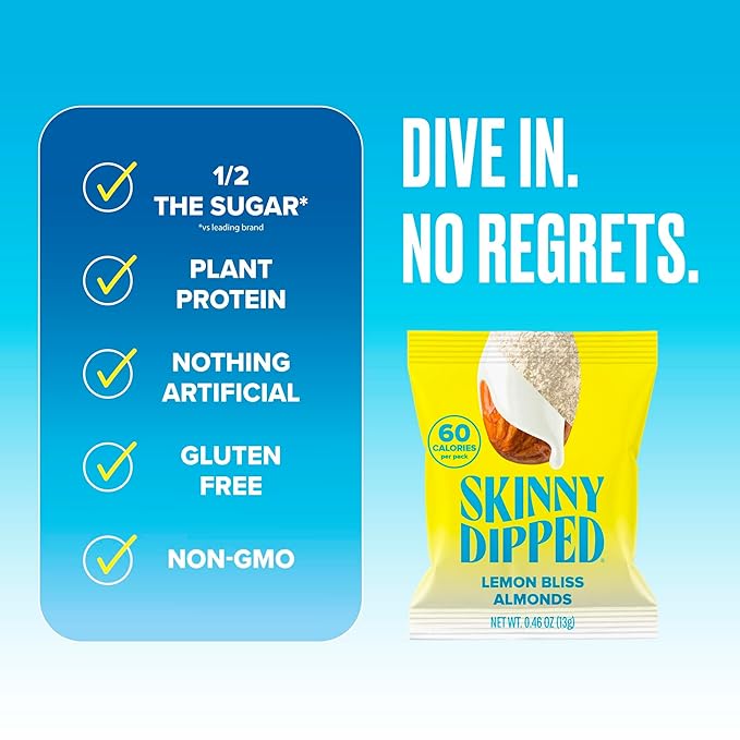 SkinnyDipped Lemon Bliss Almonds, Mini Snack Packs, Chocolate Covered Almonds, Low Sugar, Gluten Free, Healthy Snack, 24 Count