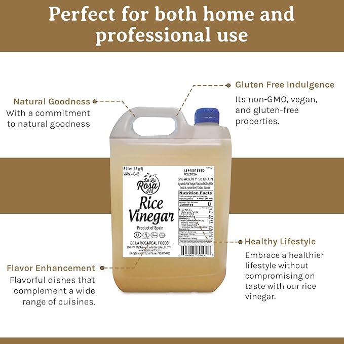 De La Rosa Rice Vinegar 5% Acidity, Kosher, Rice Vinegar for Cooking, Sushi, Salad Dressings and More | Sugar-Free Rice Vinegar - 5 Liter (Pack of 1)
