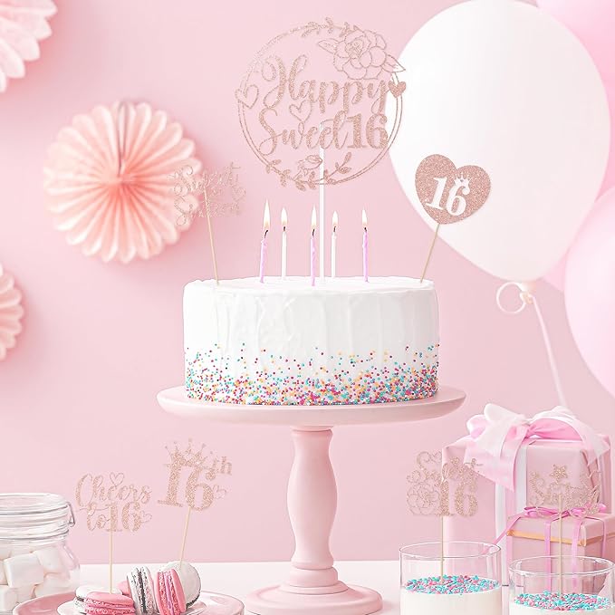 Sweet 16 Cake Topper - Sixteen Cupcake Picks Decorations 25 Pcs Pink Glitter Happy Sweet Sixteen Cake Toppers Rose Gold Party Cupcake Decor for 16 Years Birthday Party Decoration Supplies