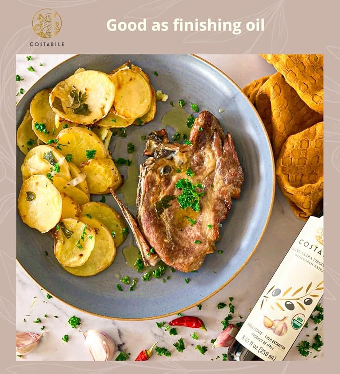 Garlic Infused Olive Oil Extra Virgin from Italy and from a Single Source. Garlic Oil for Cooking, Dressings, on Pizza, Pasta, Marinades - COSTABILE 16.9 Fl. Oz.