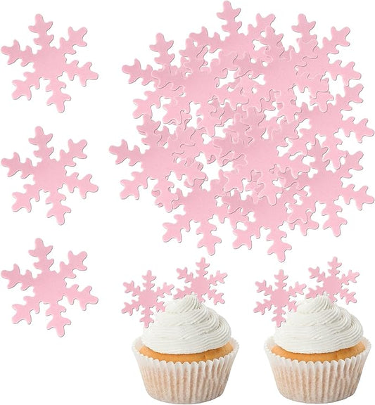 Rsstarxi 50 Pack Pink Edible Snowflake Cake Decorations Snowflakes Cupcake Toppers Winter Frozen Snowflake Cake Decorations for Baby Shower Kids Birthday Winter Party Decorations