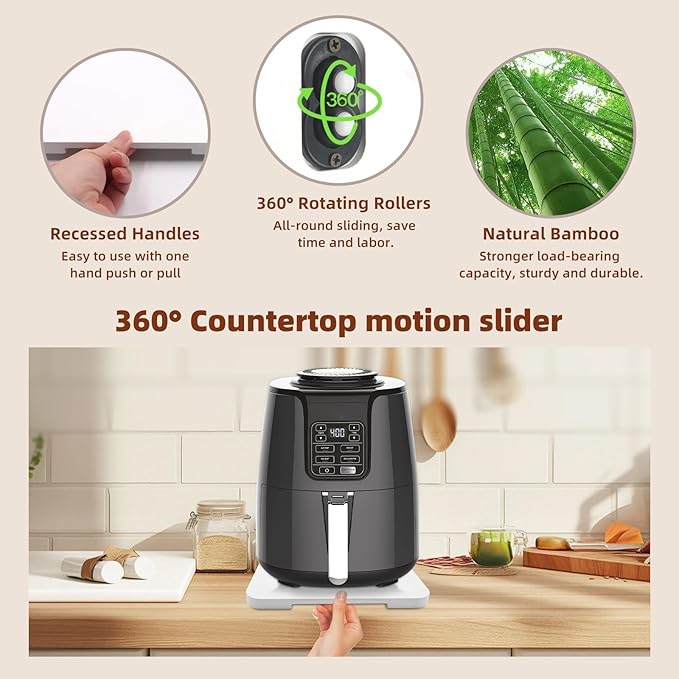360째 Rolling Tray Bamboo Appliance Slider, Appliance Sliders for Kitchen Appliances Sliding Tray for Coffee Maker Appliances Mat Easily from Under The Cabinet White(13.9"횞9.4")
