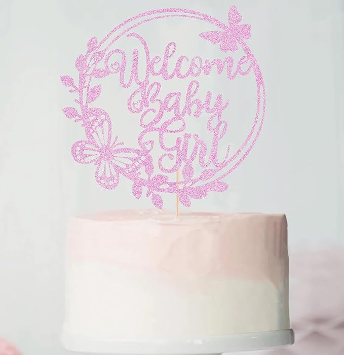 Welcome Baby Girl Cake Topper - Pink Glitter Baby Shower Cake Decorations, Baby Girl Cake Topper, for Baby Shower/Birthday Party/Gender Reveal Party Photo Booth Props
