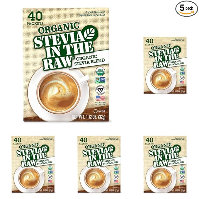 Organic Stevia In The Raw, Plant Based Zero Calorie Natural Sweetener, Sugar Substitute, Sweetener for Coffee, Hot & Cold Drinks, Non-GMO, Vegan, Gluten-Free, 40 Count Packets (Pack of 5)