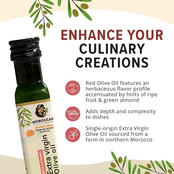 MOROCCAN OLIVE GROVE - The Red Olive Oil, Bold & Dynamic Cold-Pressed Desert Olive Oil Extra Virgin, Versatile Cooking Essential Made from Single-Origin Fresh Olives, 50-Pack, 20 ml per Travel Bottle