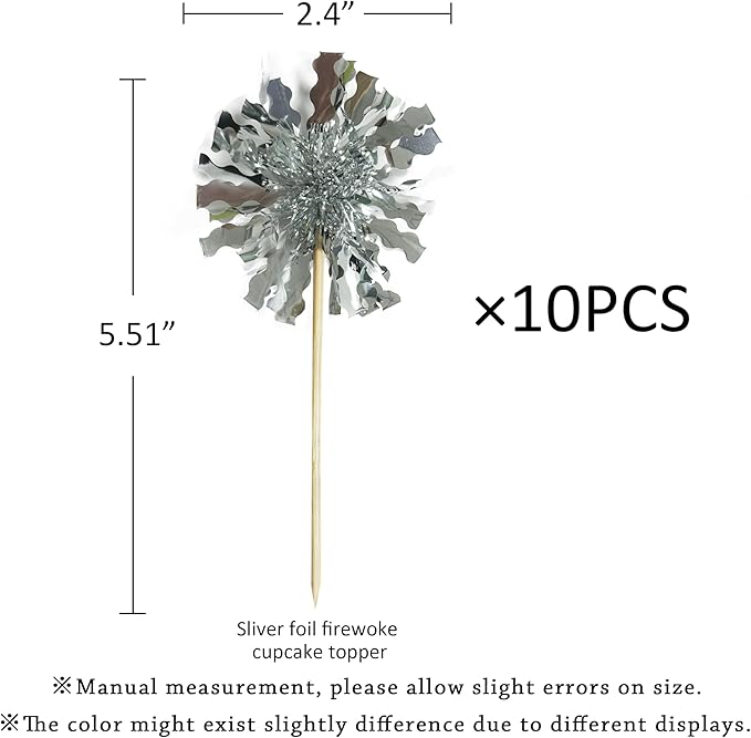 10PCS Sliver Foil Firework Cupcake Toppers, Takemay Happy Birthday Cake Toppers, Sparkle Tinsel Flower Drink Stirrers Cocktail Food Fruit Toothpicks for Party Birthday Wedding Ceremony