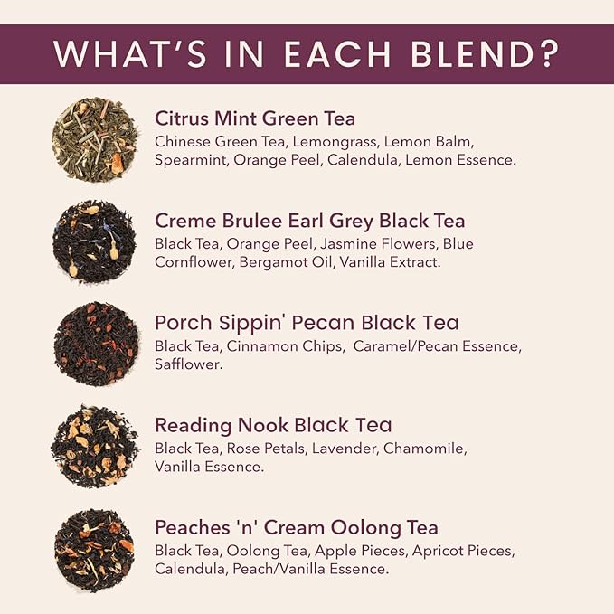 Loose Leaf Tea Sampler – 5 Caffeinated Blends Including Creme Brulee Earl Grey, Peach Oolong, Citrus Mint, Pecan and Floral Black – 75 to 100 Cups – Handcrafted in USA – Plum Deluxe