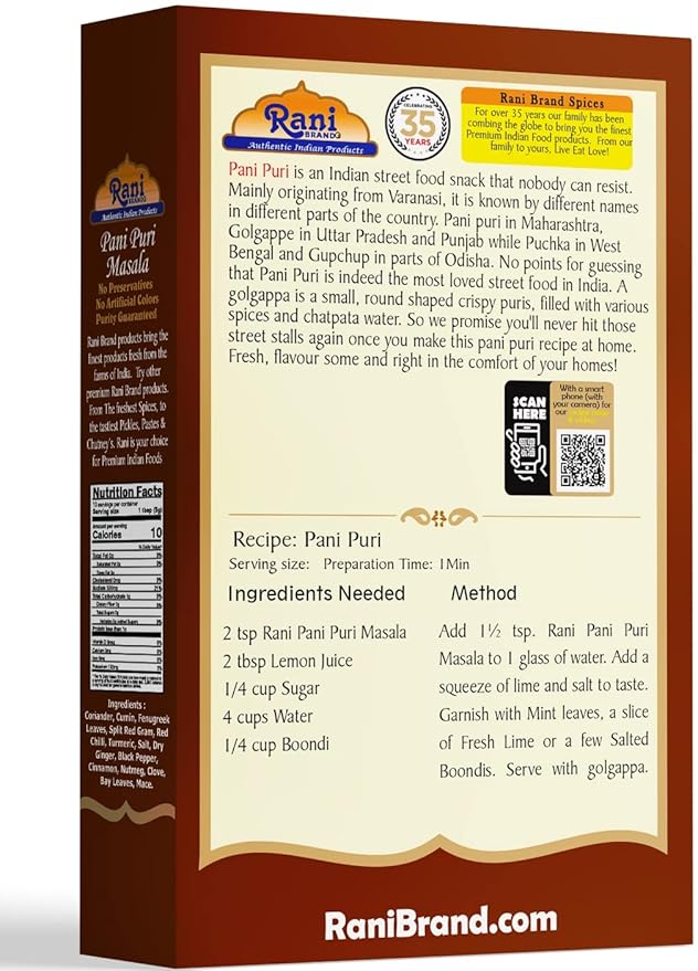 Rani Pani Puri Masala (14-Spice Blend for Indian Spicy Water) 3.5oz (100g) ~ All Natural | Vegan | No Colors | Gluten Friendly | NON-GMO | Indian Origin, gol gappa