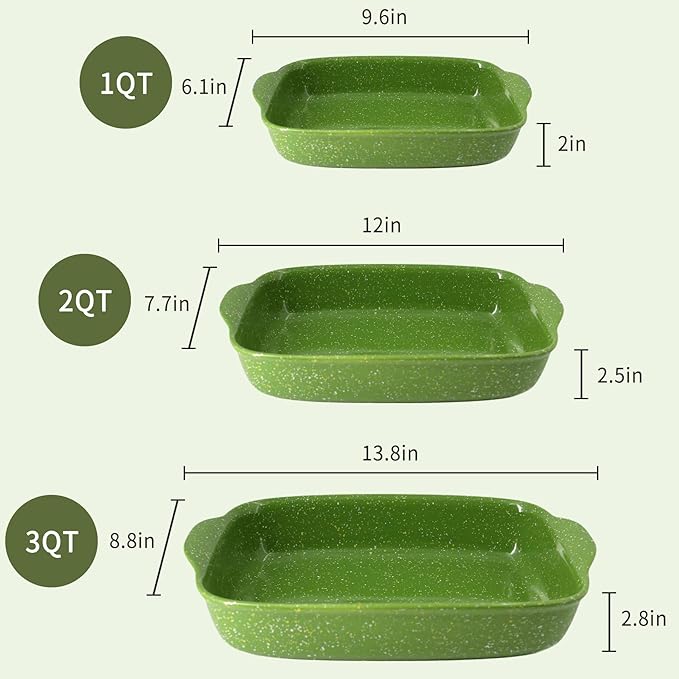 Ceramic Baking Dishes for Oven,Heavy Duty Bakeware Dish Set of 3, Rectangular Casserole,Lasagna Pan Deep,High Heat Resistant,Glazed Handcraft Speckle Series (13.8''/12''/9.6''Green)