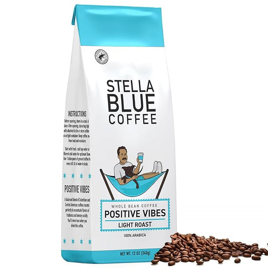 Stella Blue Whole Bean Coffee, Positive Vibes Blend, Light Roast, Vanilla and Fruity Notes, 100% Arabica, Ethically Sourced from Central and South America, 12 oz bag