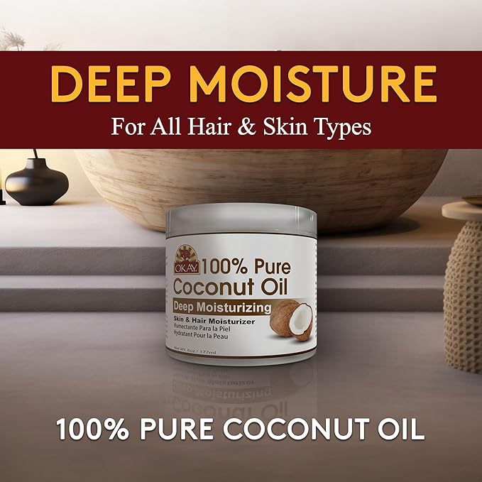 Okay 100% Pure Coconut Oil for Hair & Skin - Coconut Oil for Women & Men, Perfect for Body & Face, Natural Massage Oil & Moisturizer - 6 Fl Oz Jar (Pack of 2)