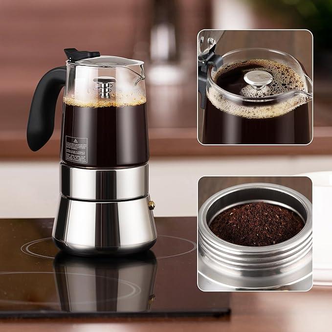 Moka Pot-Portable Stovetop Espresso Maker, Borosilicate Glass & Stainless Steel Percolator Coffee Maker 6 Cups (240ml/8.5oz)