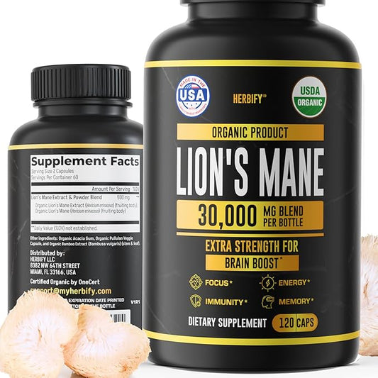 HERBIFY Lions Mane Supplement - Daily Mushroom Supplement for Memory, Focus & Clarity - Brain