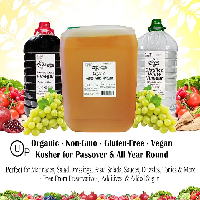 De La Rosa Organic White Wine Vinegar, Raw & Unfiltered, with the “Mother”, Kosher for Passover, Vegan, Non-GMO & Gluten Free, Great for Salad Dressings, Marinades & More 10 Liters (Pack of 1)