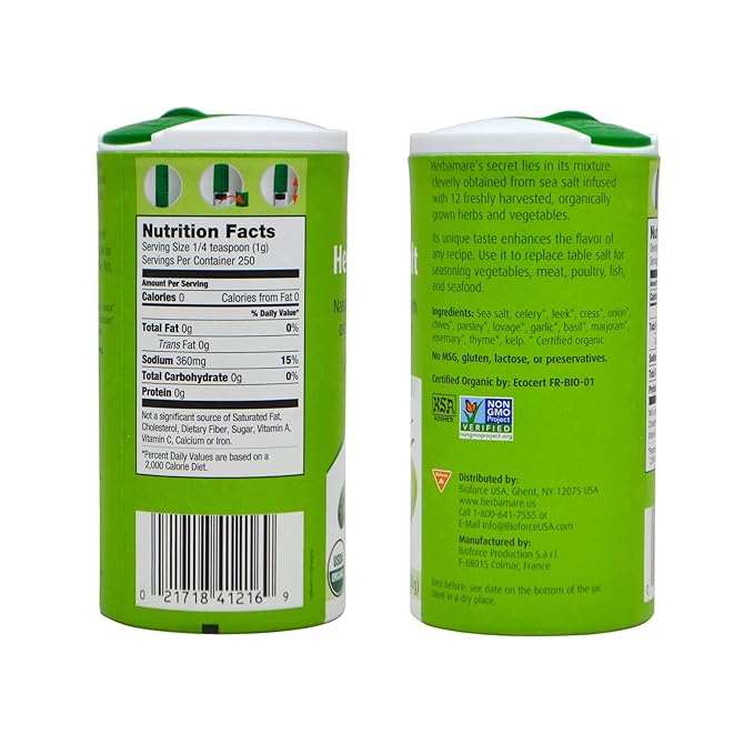A. Vogel Herbamare Seasoned Sea Salt - USDA Organic - Seasoning Salt Infused with 12 Herbs - 33% Less Sodium - Non-GMO - Gluten Free - Kosher - 8.8 oz