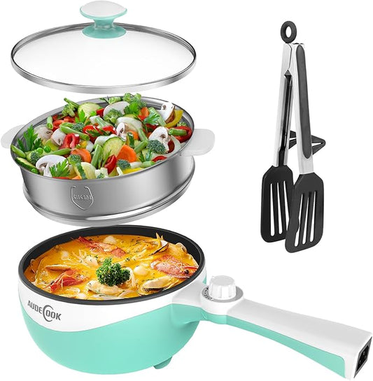 Audecook Hot Pot Electric, 1.7L Mini Electric Skillet Portable Nonstick Saut챕 Pan with Power Adjustment, Rapid Noodles Cooker Travel Multicooker for Steak/Soup/Egg/Oatmeal/Noodles