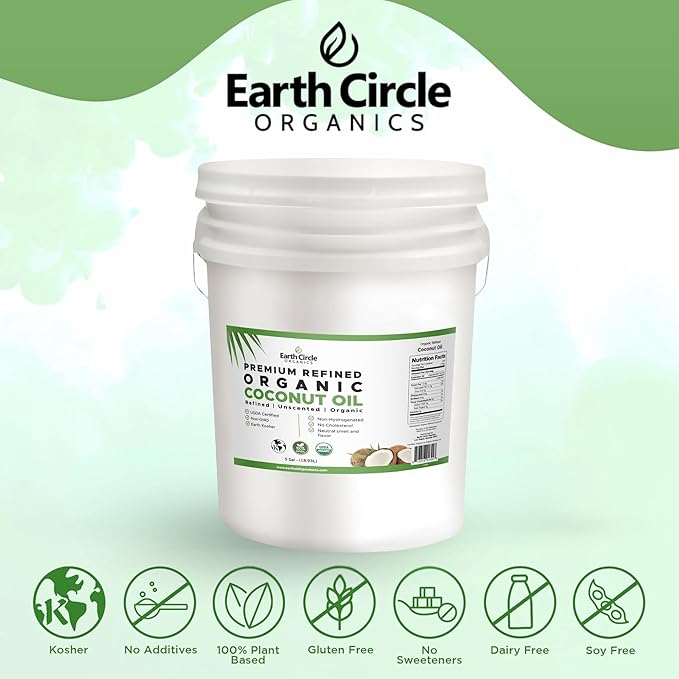 Earth Circle Organics Refined Coconut Oil - Ultra Premium Steam Refined, Keto & Paleo Friendly, Zero Coconut taste or smell - For Skin & Hair Care, Cooking, Deep Frying, Baking & More - Bulk 5 Gallon