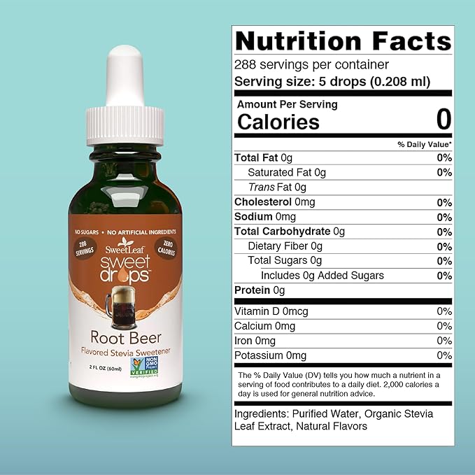 SweetLeaf Sweet Drops - Flavored Stevia Liquid Sweetener, Organic Stevia Extract, Zero Calories, Gluten Free, Keto Friendly, Non GMO, Natural Flavor, Sugar Alternative - Root Beer, 2 Fl Oz (Pack of 1)