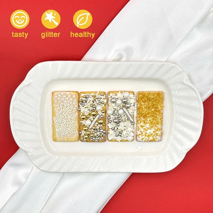 Sprinkles for Cake Decorating, Gold Sanding White Pearl Silver Jimmies Sprinkles Mix for Ice Cream Brownie Cookie Cupcake Baking Decorations