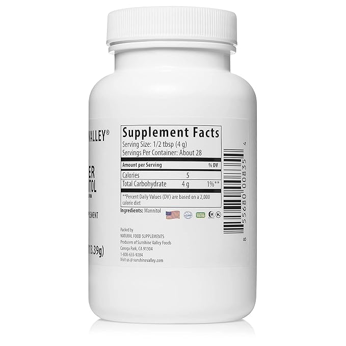 Sunshine Valley® Super Mannitol Powder, Natural & Healthy Artificial Sweetener, Ultra-Pure Sugar Substitute, Low Glycemic Dietary Supplement (4 Fl oz)