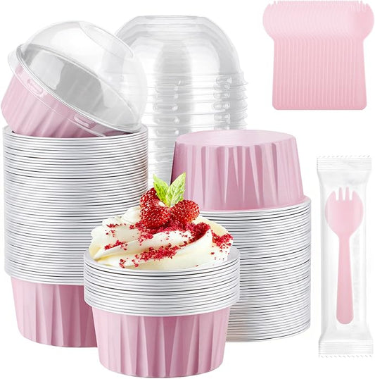 EUSOAR Disposable Ramekins with Lids and Plastic Sporks, 120pcs 5oz Mini Cheesecake Cake Pans, Aluminum Foil Dessert Muffin Creme Brulee Cupcake Liners Ramekins Disposable for Wedding Birthday Party