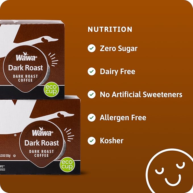 Wawa Dark Roast Single Cup Coffee Pods, 72 Pods, 6 Boxes, Full Bodied Blend, Spicy & Smoky Notes, Single Serve, Bold & Complex, 100% More Responsibly Sourced from Rainforest Alliance Certified Farms