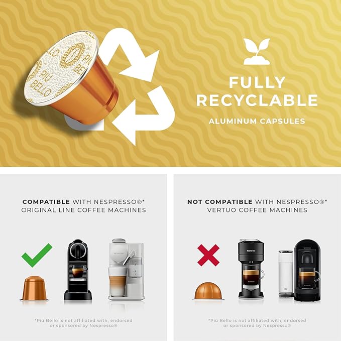 Piu Bello Coffee Pods - Nespresso Machine (Original) Compatible Capsules Pack - Rich & Balanced Taste - Strong Italian Espresso Flavored - Kosher Certified (120 Count Single Flavor) (Espresso Bionda)