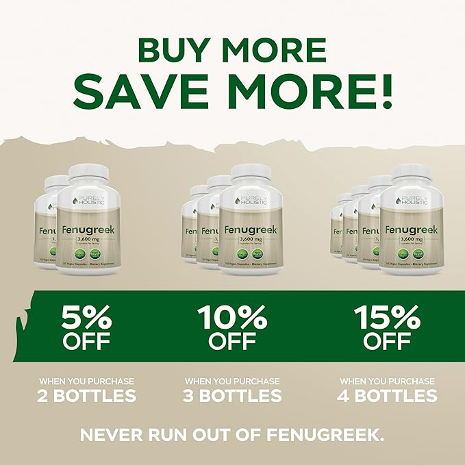 Purely Holistic Fenugreek Capsules 3600mg - 365 Vegan Capsules - Lactation Supplement - from Fenugreek Seeds - Concentrated x10 Extract - Non GMO for Women & Men
