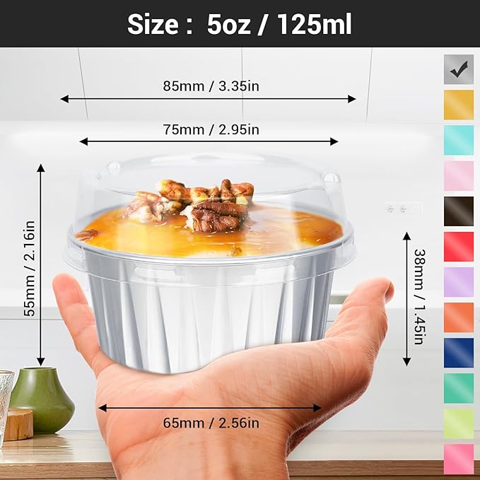 EUSOAR Silver Cupcake Liners, 200pcs 5oz Mini Cake Pans Aluminum Foil Baking Cups with Lids, Cheesecake Muffin Cups, Disposable Dessert Containers Tin for Flan Creme Brulee Souffle Custard Pudding