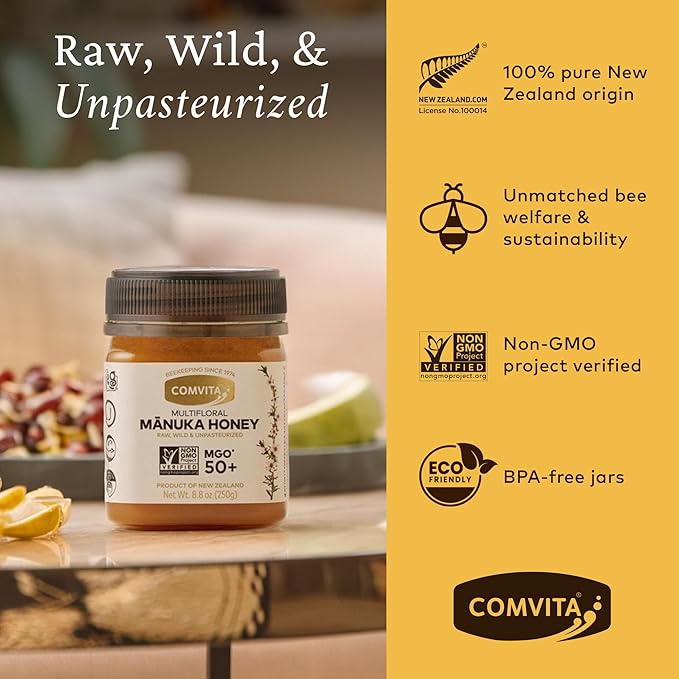 Comvita Manuka Honey MGO 50+ Multifloral - Raw Manuka Honey New Zealand, Pure & Unpasteurized for Tea & Wellness, Superfood Sugar Alternative, Wild, Non-GMO - 250g (8.8 oz)