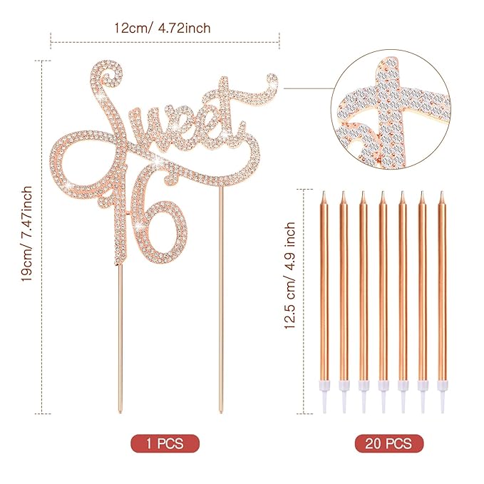Tondiamo Sweet 16 Birthday Decorations Rhinestone Sweet 16 Cake Toppers 20 Pcs Metallic Happy Birthday Candles 16 Cake Decorations for Cupcake Decor(Rose Gold)