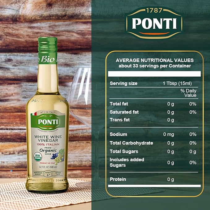 1787 PONTI Organic 100% Italian White Wine Vinegar - Perfected Acidity Levels for Best Harmonic Aroma and Taste - Delicious with All types of Salads and Vegetables - Excellent for Marinades - 16.9 Fl.Oz