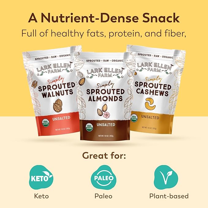Lark Ellen Farm Sprouted Organic Nuts Variety Pack ??Almonds, Walnuts & Cashews ??Raw, Vegan, Gluten-Free, Non-GMO, Clean Label Snacks, (1 Bag Each, 10 oz)