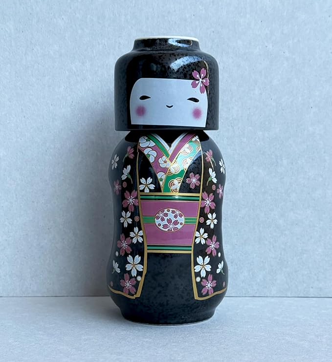 Japanese Traditional Kokeshi Design Sake Wine Soju Ceramic Set with 1 Ochoko Cup and 1 Tokkuri Bottle Gifts (Kokeshi Sakura Komachi)