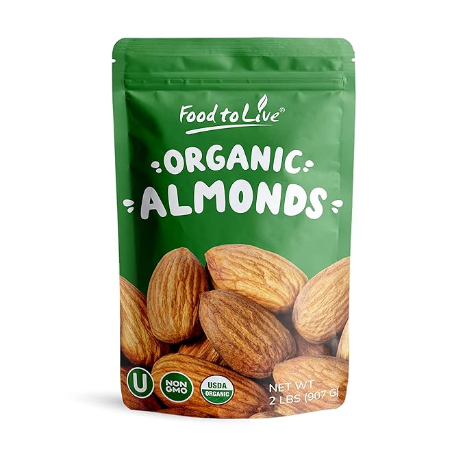 Food to Live - Organic Imported Raw Almonds, 2 Pounds Non-GMO, Whole, Raw, No Shell, Unpasteurized, Unsalted, Vegan, Kosher, Bulk.