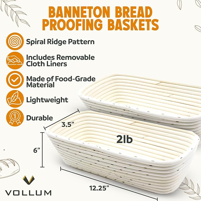 Banneton Bread Proofing Basket Sourdough Proofing for Beginners & Professional Bakers, Handwoven Rattan Cane Bread Maker w/Linen for Artisan Breads, 12.25 x 6 x 3.5 Inch, 2-Lb Rectangular - Set of 2