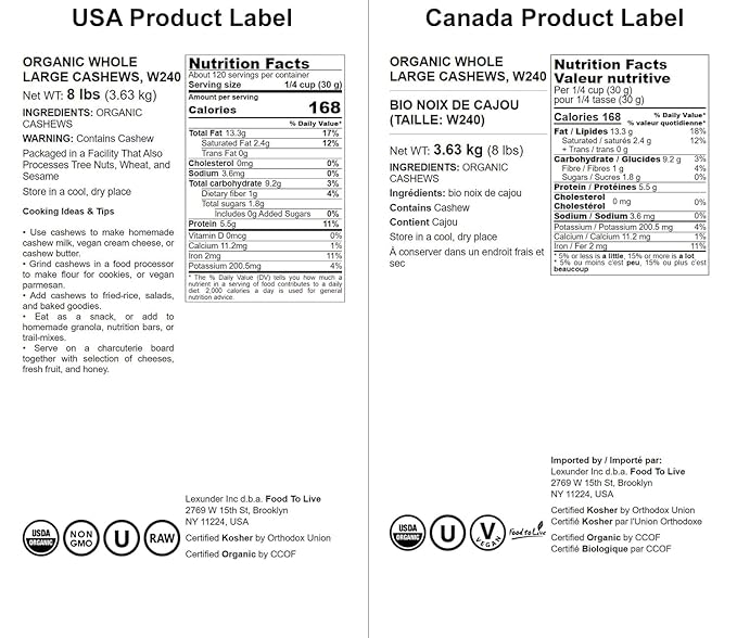 Food to Live Organic Cashews, 8 Pounds ??Whole, Size W-240, Unsalted, Non-GMO, Kosher, Raw, Vegan, Bulk